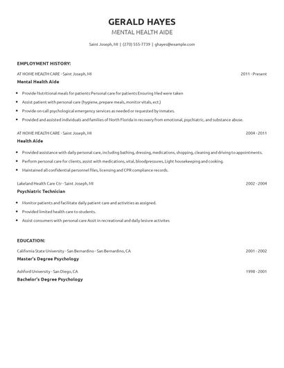 Mental Health Aide Resume