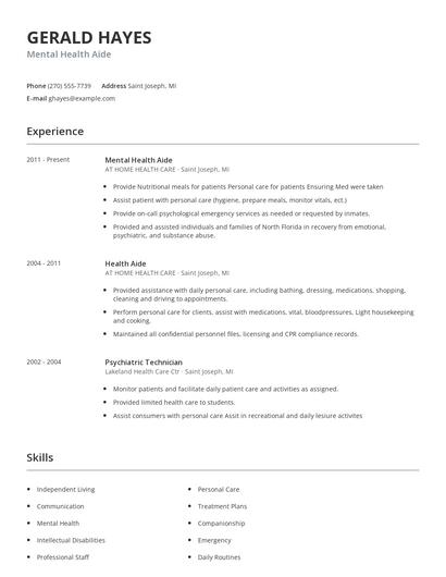 Mental Health Aide Resume
