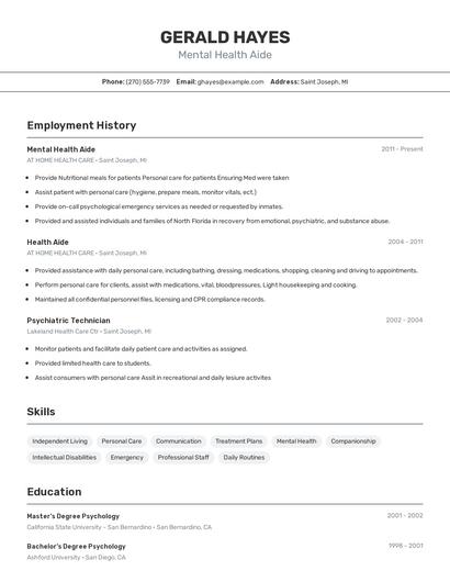 Mental Health Aide Resume