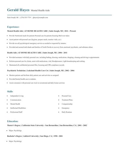 Mental Health Aide Resume
