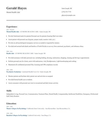 Mental Health Aide Resume