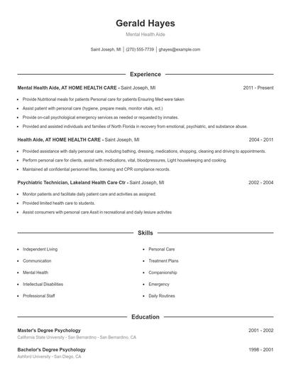 Mental Health Aide Resume