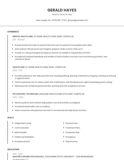 Mental Health Aide Resume