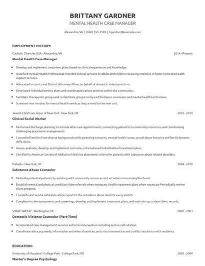 Mental Health Case Manager Resume