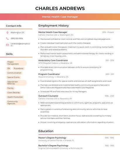 Mental Health Case Manager Resume