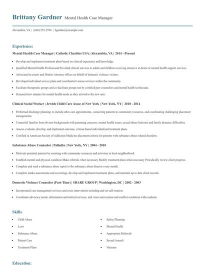 Mental Health Case Manager Resume