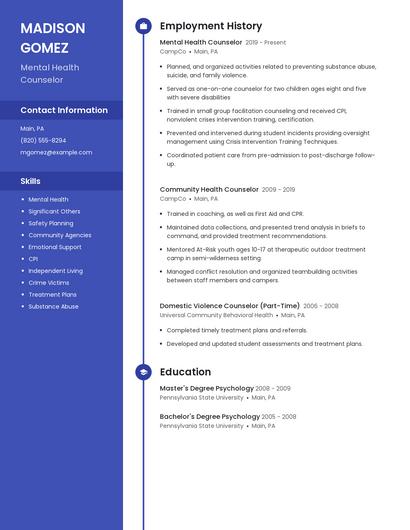 Mental Health Counselor Resume