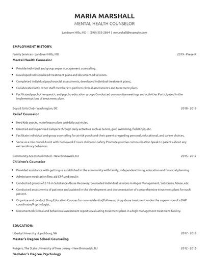Mental Health Counselor Resume