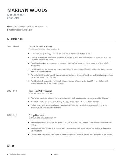 Mental Health Counselor Resume