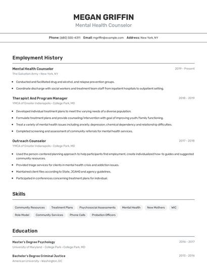 Mental Health Counselor Resume