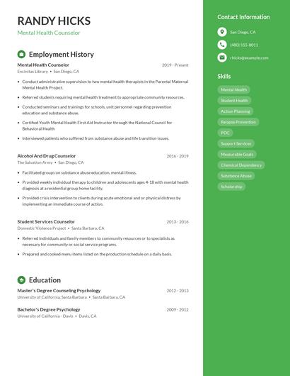 Mental Health Counselor Resume