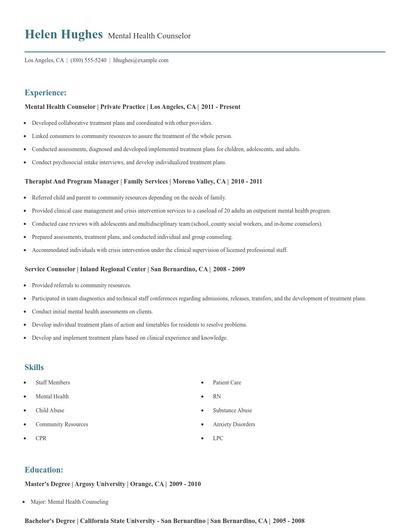 Mental Health Counselor Resume