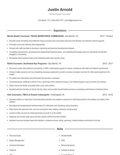 Mental Health Counselor Resume