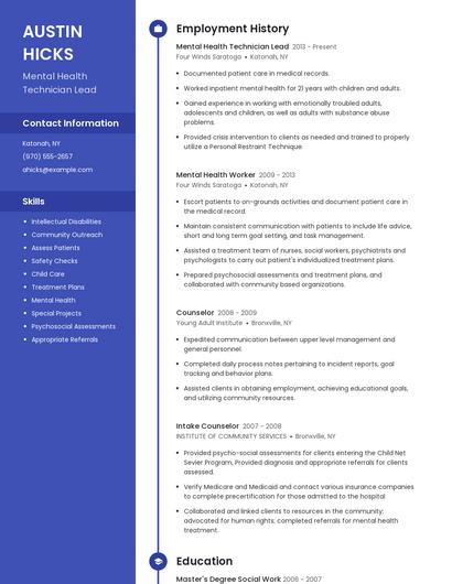 Mental Health Technician Lead Resume