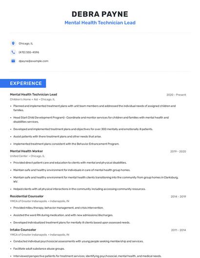 Mental Health Technician Lead Resume