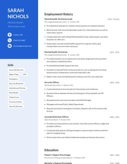 Mental Health Technician Lead Resume