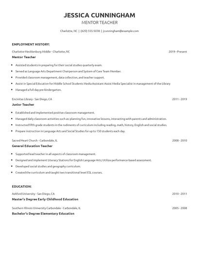 Mentor Teacher Resume