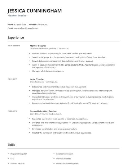 Mentor Teacher Resume