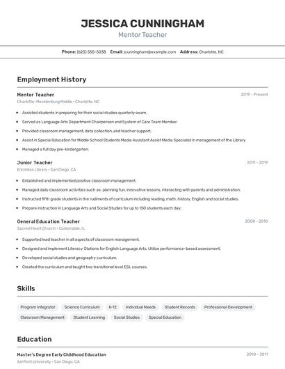 Mentor Teacher Resume