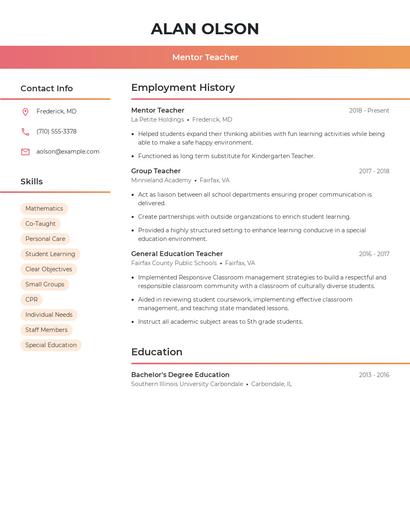 Mentor Teacher Resume