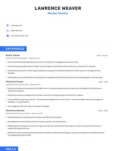 Mentor Teacher Resume