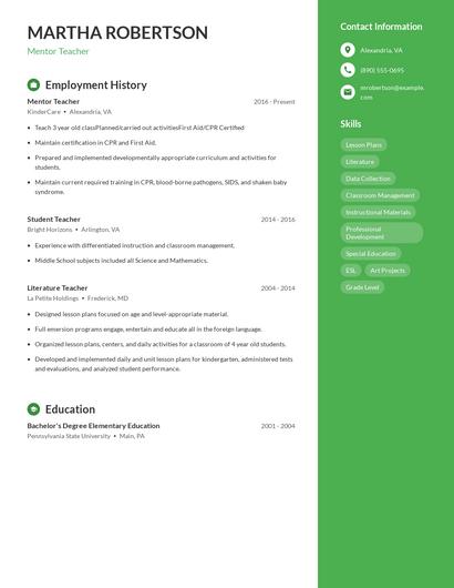 Mentor Teacher Resume