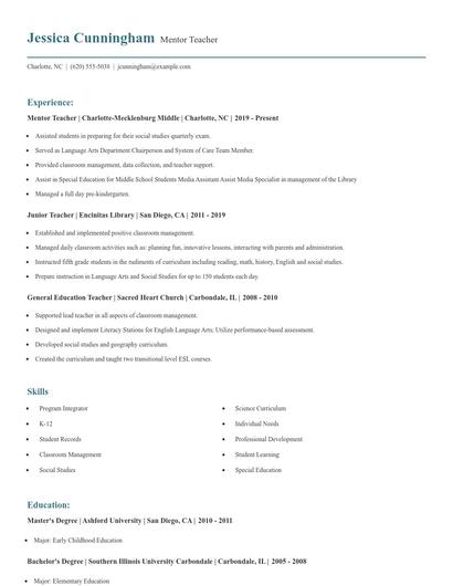 Mentor Teacher Resume
