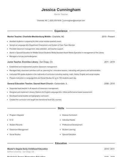 Mentor Teacher Resume