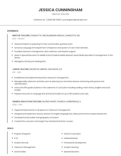 Mentor Teacher Resume