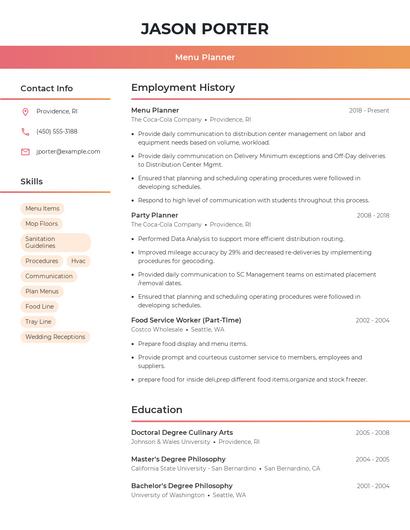 Menu Planner Resume