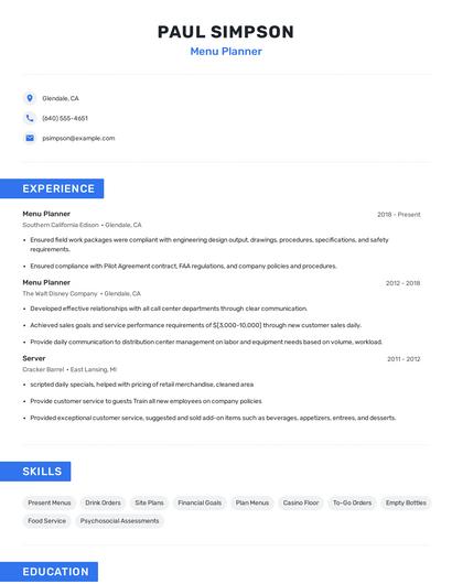 Menu Planner Resume
