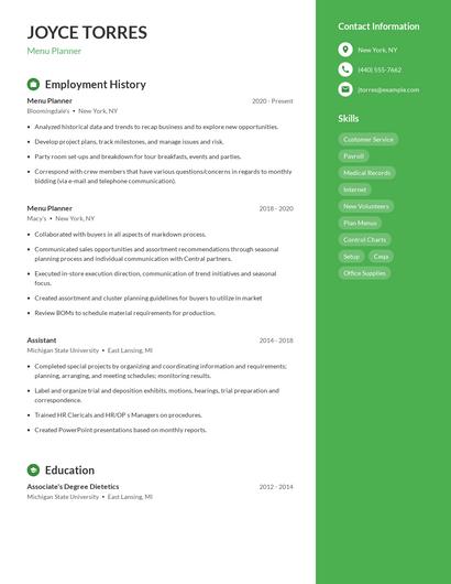 Menu Planner Resume