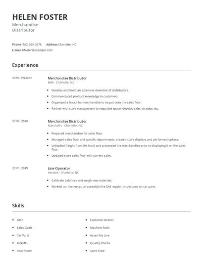 Merchandise Distributor Resume