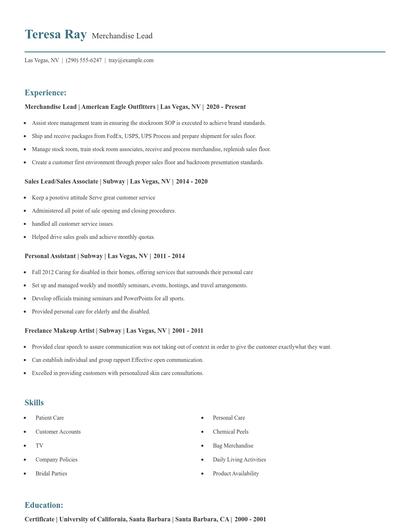 Merchandise Lead Resume