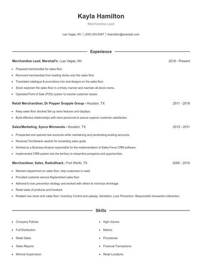 Merchandise Lead Resume