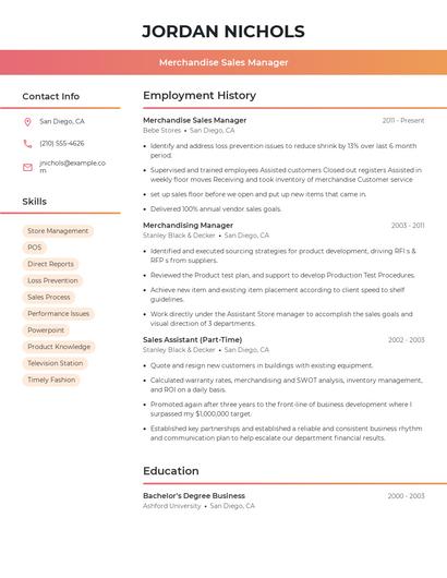 Merchandise Sales Manager Resume