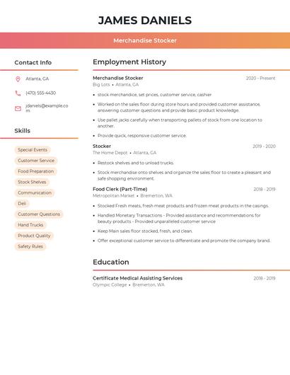 Merchandise Stocker Resume