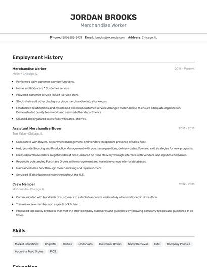 Merchandise Worker Resume