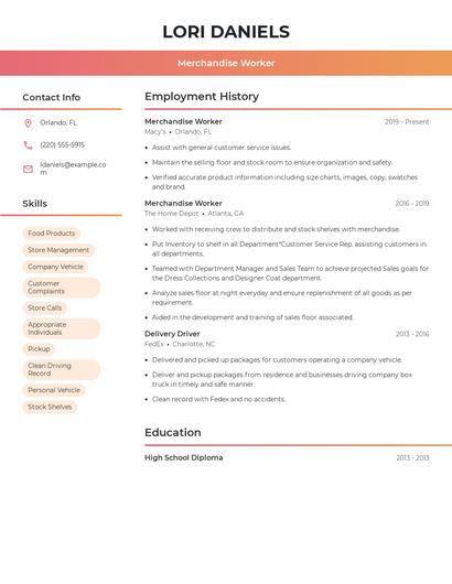 Merchandise Worker Resume