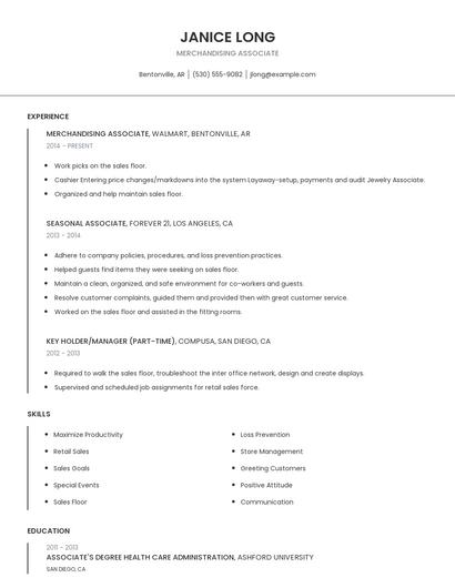 Merchandising Associate Resume