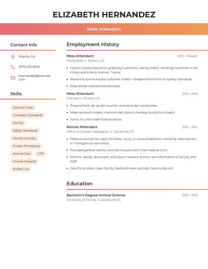 Mess Attendant Resume