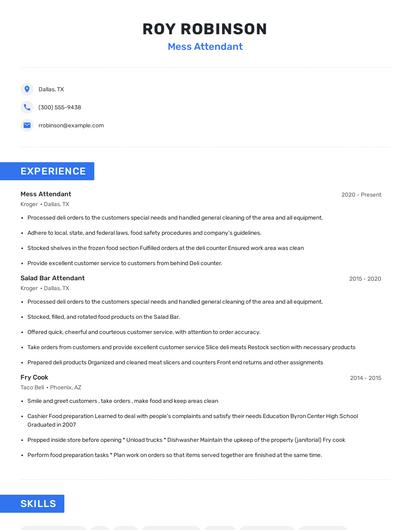 Mess Attendant Resume