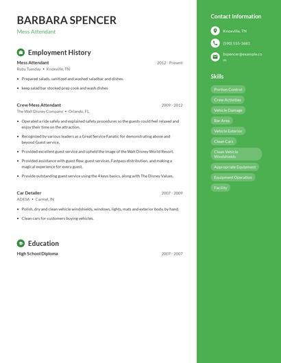 Mess Attendant Resume