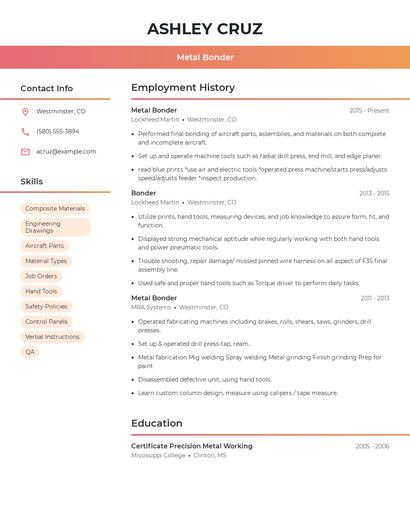 Metal Bonder Resume