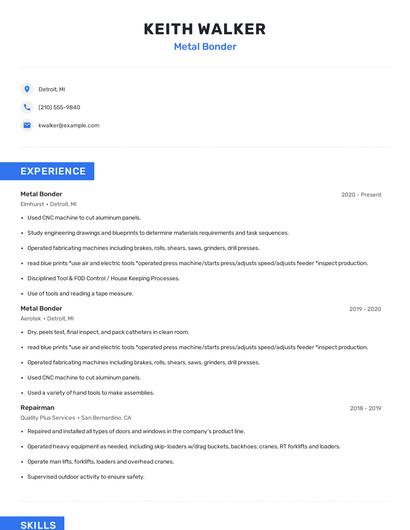Metal Bonder Resume