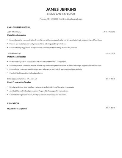 Metal Can Inspector Resume