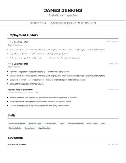 Metal Can Inspector Resume