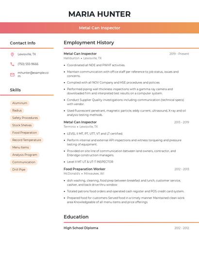 Metal Can Inspector Resume