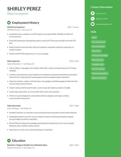 Metal Can Inspector Resume