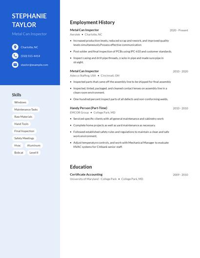 Metal Can Inspector Resume